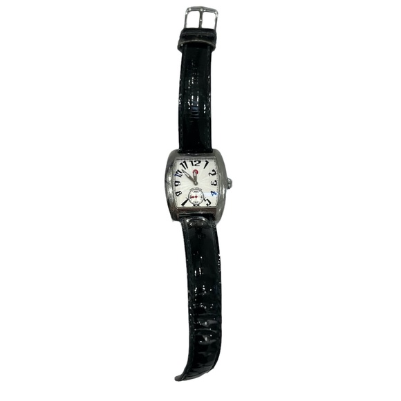 MICHELE MINI URBAN STAINLESS STEEL WATCH WITH BLACK PATENT LEATHER STRAP